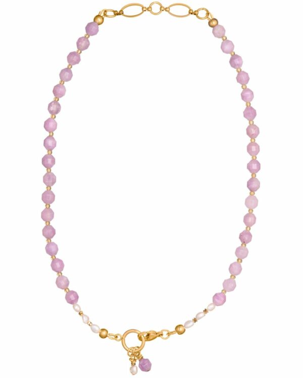 Purple Majesty Jade necklace with faceted purple jade beads and gold accents.